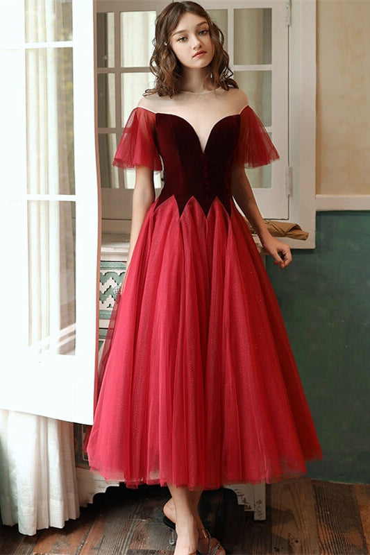 Bell Sleeves A-Line Two Tone Midi Party Prom Dress
