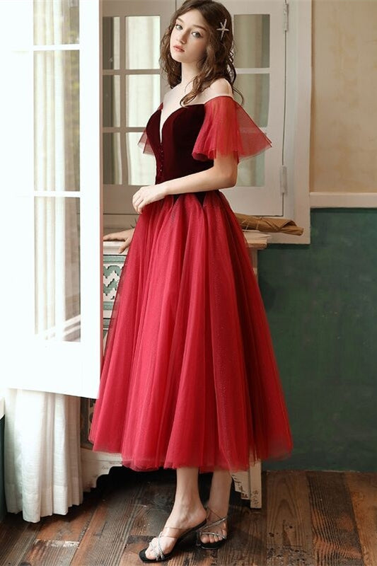 Bell Sleeves A-Line Two Tone Midi Party Prom Dress