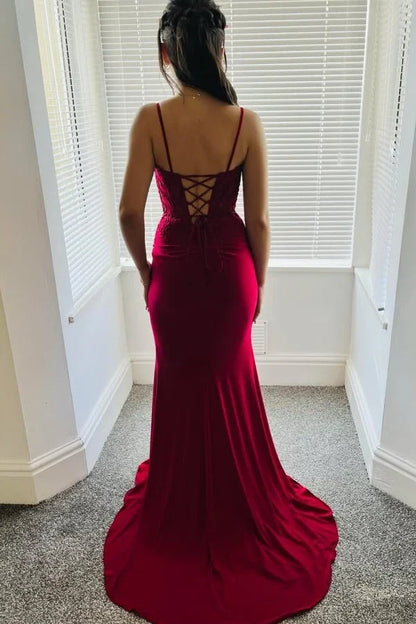 Burgundy V-Neck Sleeveless Lace Up Mermaid Party Prom Dress