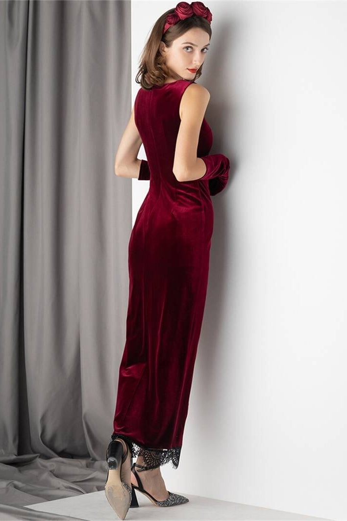 Burgundy Velvet Dress with Slit
