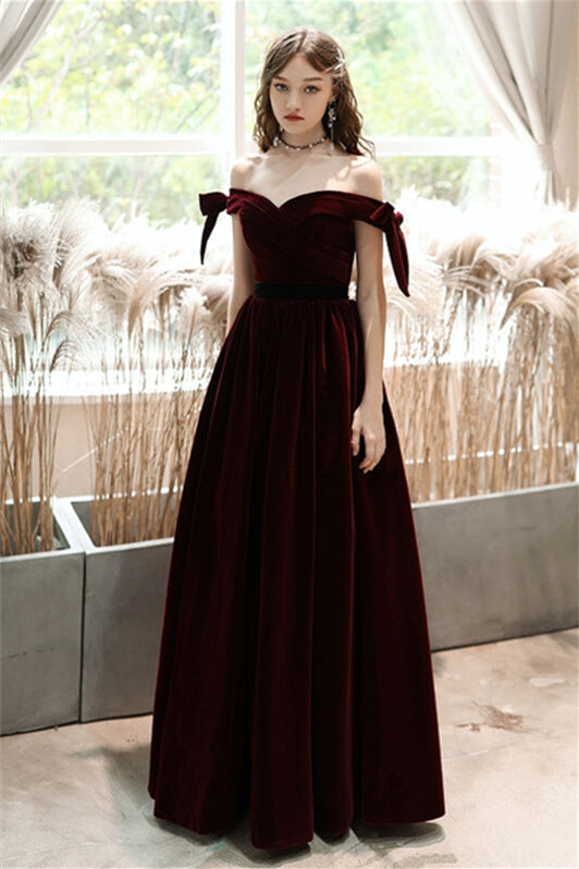 Off-Shoulder Sleeveless A-Line Empire Velvet Prom Dress
