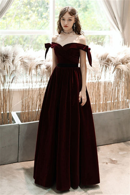 Off-Shoulder Sleeveless A-Line Empire Velvet Prom Dress