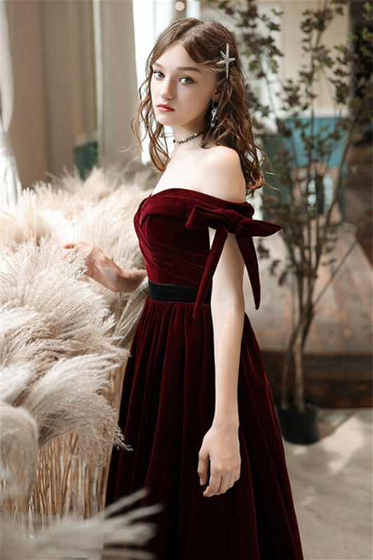 Off-Shoulder Sleeveless A-Line Empire Velvet Prom Dress