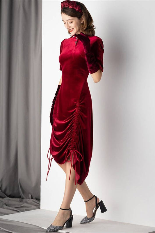 Burgundy Velvet Tight Midi Dress