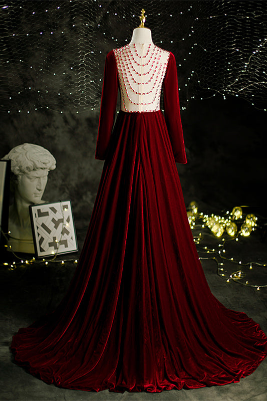 Velevt Square Long Sleeves A-Line Beaded Back Prom Dress