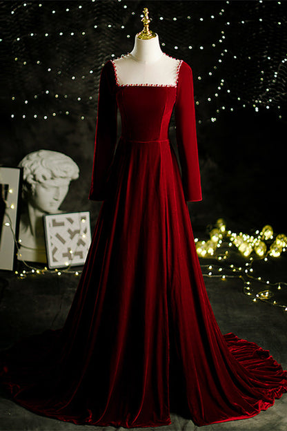 Velevt Square Long Sleeves A-Line Beaded Back Prom Dress