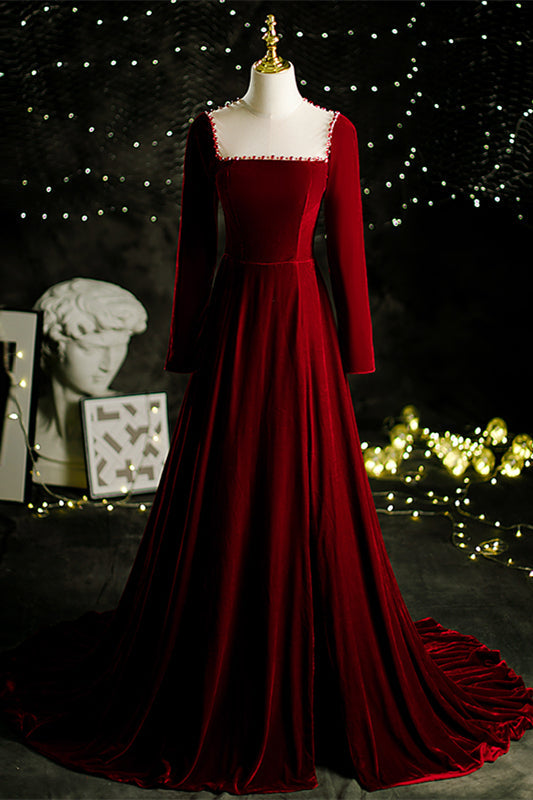 Velevt Square Long Sleeves A-Line Beaded Back Prom Dress