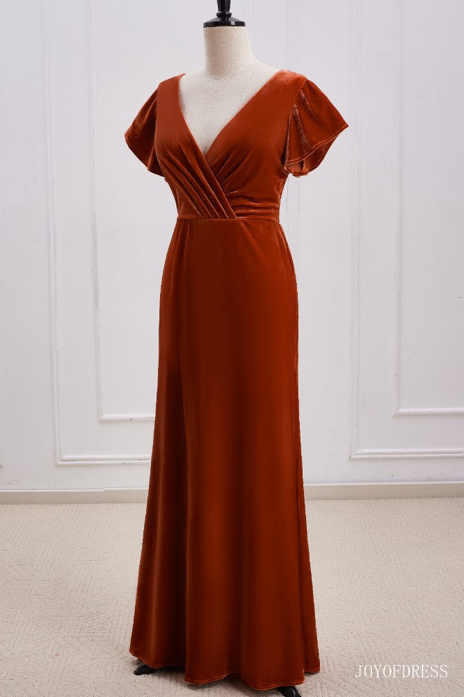 Burnt Orange Velvet Bridesmaid Dress with Flutter Sleeves