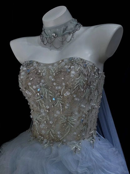 Elegant A Line Sweetheart Neck Beaded Blue Tulle Long Prom Dress Evening Dress SH5006