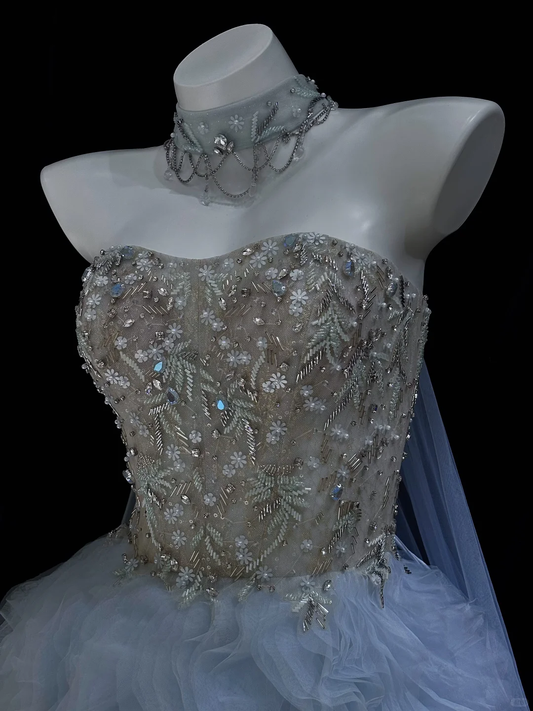 Elegant A Line Sweetheart Neck Beaded Blue Tulle Long Prom Dress Evening Dress SH5006