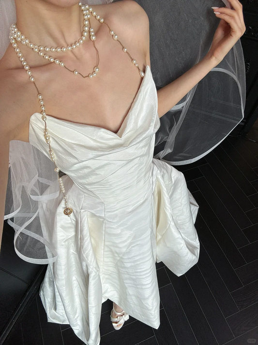 Simple Ball Gown Strapless White Satin Long Wedding Dress SH4754