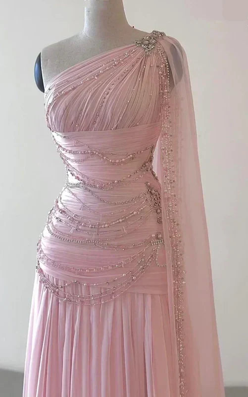 Elegant A Line One Shoulder Beaded Pink Chiffon Long Sweep Prom Dress Evening Dress SH2622