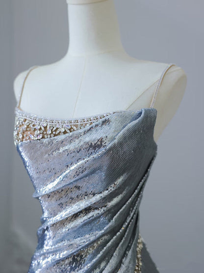Sexy Mermaid Spaghetti Straps Silver Sequin Long Prom Dresses S3808
