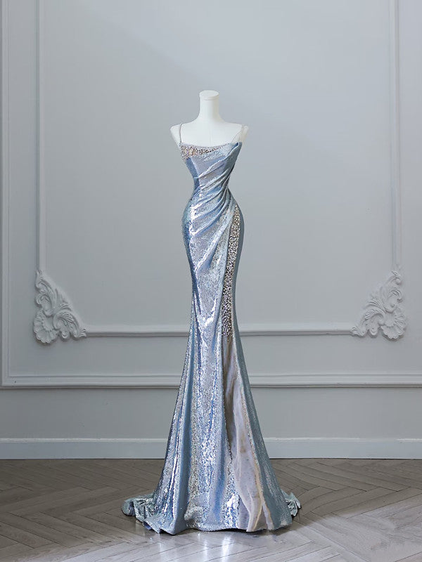 Sexy Mermaid Spaghetti Straps Silver Sequin Long Prom Dresses S3808
