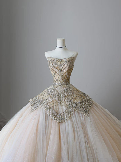 Unique Ball Gown Strapless Tulle Champagne Long Wedding Dresses Brides Dress S3812