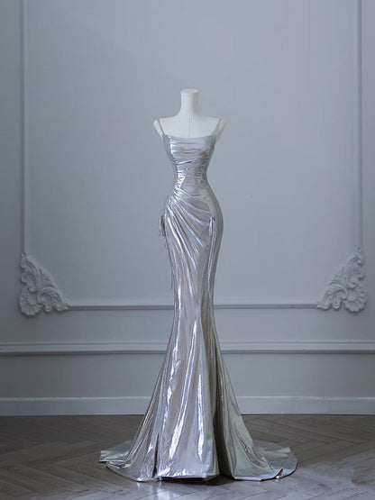 Sexy Mermaid Spaghetti Straps Silver Sequin Long Prom Dresses S3820