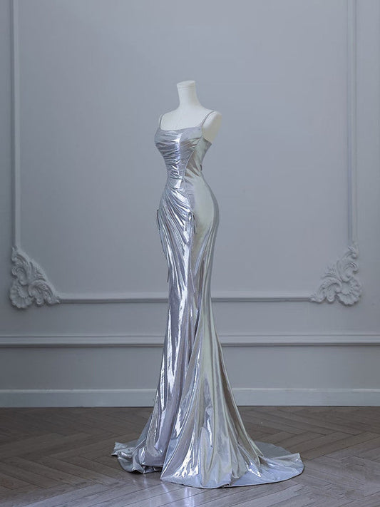 Sexy Mermaid Spaghetti Straps Silver Sequin Long Prom Dresses S3820