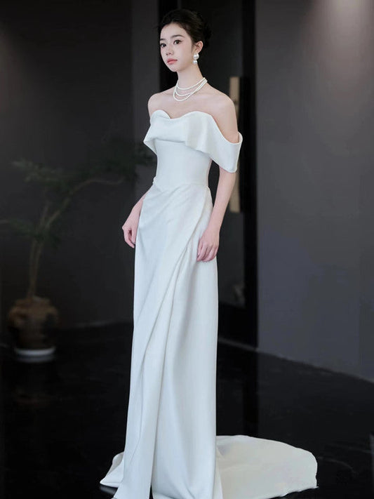 Unique Mermaid Off The Shoulder White Long Wedding Dresses With Short Sleeves Brides Dress S3822