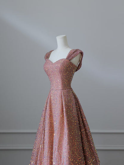 Sexy A line Straps Rose Pink Sequin Long Prom Dresses Evening Gowns S3832