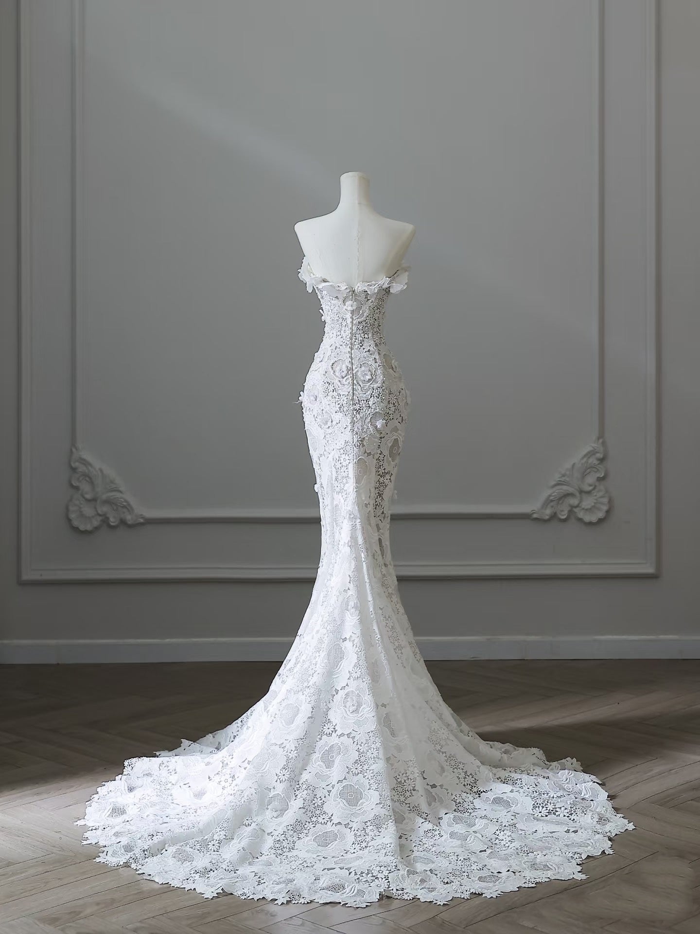Princess Mermaid Strapless White Lace Long Wedding Dresses Brides Dress S3838