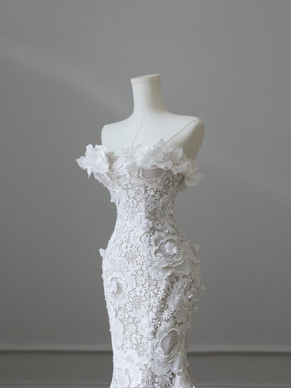 Princess Mermaid Strapless White Lace Long Wedding Dresses Brides Dress S3838
