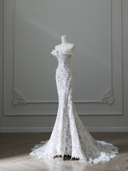 Princess Mermaid Strapless White Lace Long Wedding Dresses Brides Dress S3838