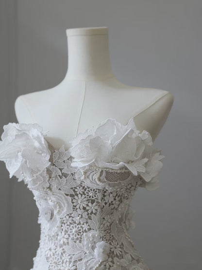 Princess Mermaid Strapless White Lace Long Wedding Dresses Brides Dress S3838