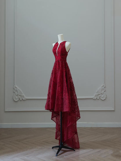 Sexy High Low Burgundy Sequin Long Prom Dresses Evening Gowns S3840