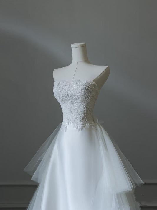 Princess Mermaid Strapless White Lace Long Wedding Dresses Brides Dress S3854