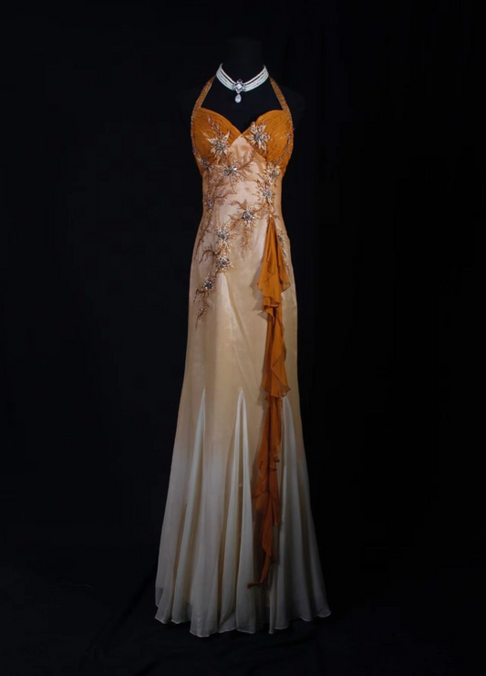Retro Halter Ombre Orange Satin Beaded Mermaid Evening Dress Long Birthday Party Gown D1513