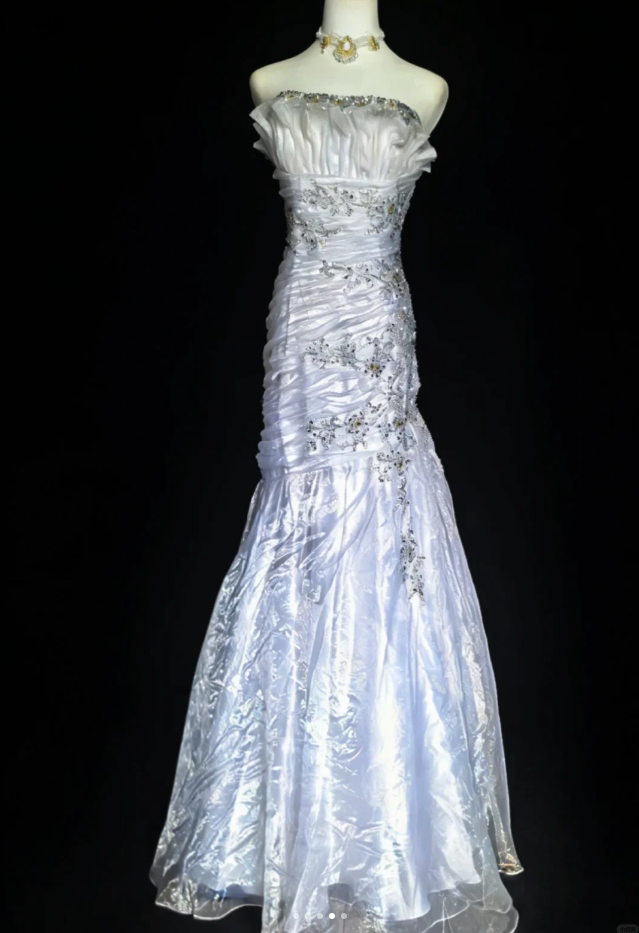 Elegant Strapless White Tulle Beaded Mermaid Long Party Dress Birthday Prom Dress D2164