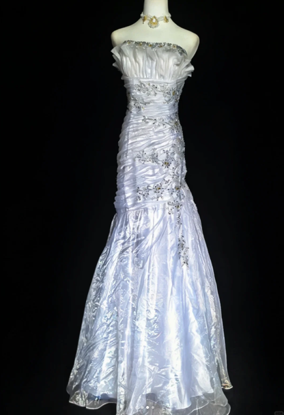 Elegant Strapless White Tulle Beaded Mermaid Long Party Dress Birthday Prom Dress D2164