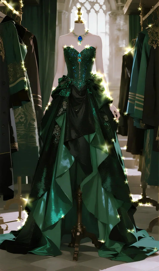 Ball Gown Dark Green Sweetheart Satin Sequin Long Prom Dress, Evening Dress fg8487