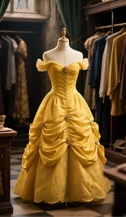 Yellow Ball Gown Off The Shoulder Satin Lace Long Prom Dress, Evening Dress fg8489