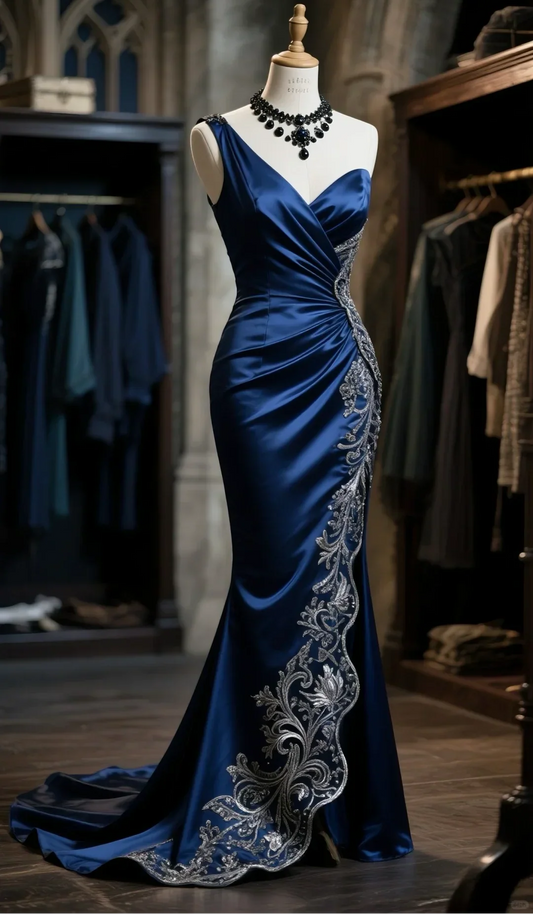 Mermaid One Shoulder Navy Satin Ruffle Long Prom Dress, Evening Dress  fg8493