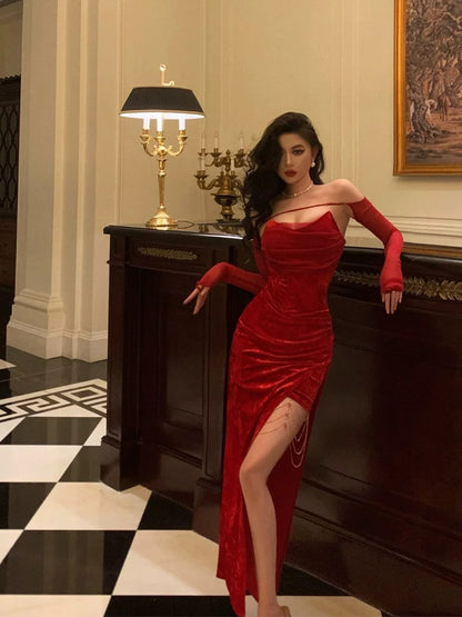 Sexy Sheath Strapless Red Slit Sleeveless Prom Dresses Party Dress Summer Birthday Outfits 20th Birthday Dresses W809