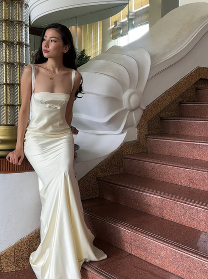 Simple Ivory A Line Straps Satin Long Wedding Guest Dress Party Dress SH3305