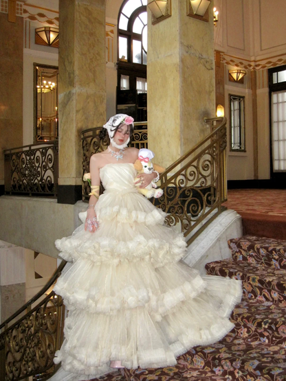 Princess A Line Strapless Layered Ivory Tulle Long Party Dress Birthday Dress SH2949