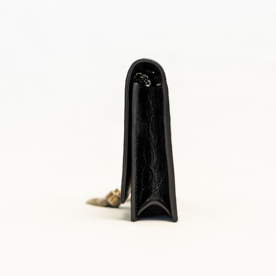 Saint Laurent Kate black croc embossed small tassel chain bag