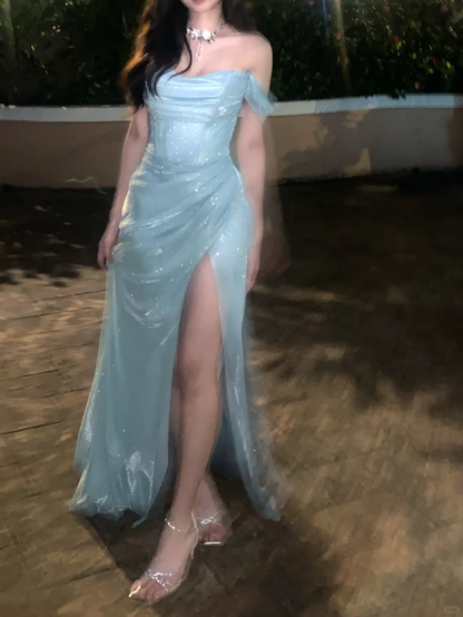 Baby Blue A Line Off the Shoulder Sequin Satin Long Prom Dress Graduation Prom Dress SH2452