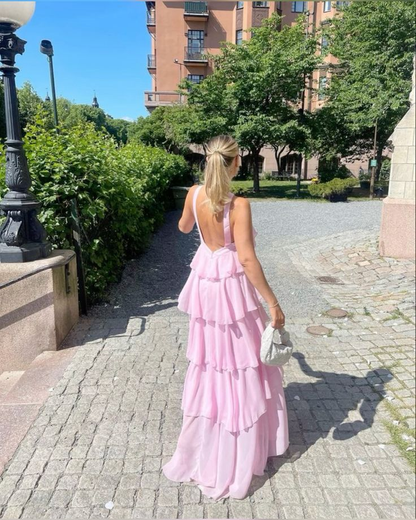Pink A-line Tiered Prom Dress Backless Evening Dress SH1169