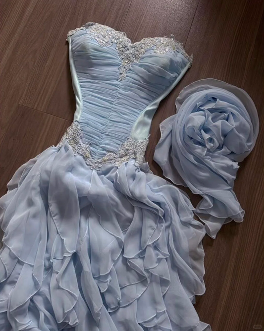 Baby Blue Dreamy A Line Sweetheart Neck Lace Ruffle Chiffon Evening Dress Party Dress SH3425