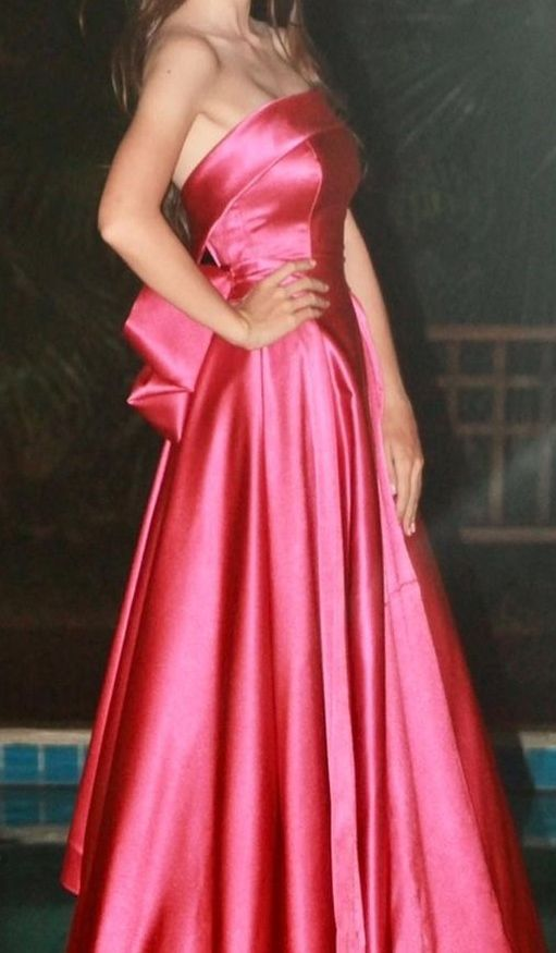 Cute Hot Pink Strapless Satin A Line Long Birthday Party Dress Prom Gown D1532