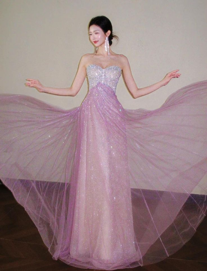 Glitter Strapless Pink Tulle Sequin A Line Long Party Dress Evening Gown D1579
