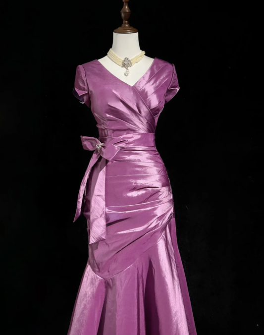 Elegant Purple V Neck Satin Pleated Mermaid Long Evening Dress Birthday Prom Dresses D2067