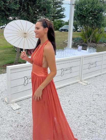 Sexy A Line V Neck Orange Chiffon Open Back Prom Dress Evening Dress SH2314