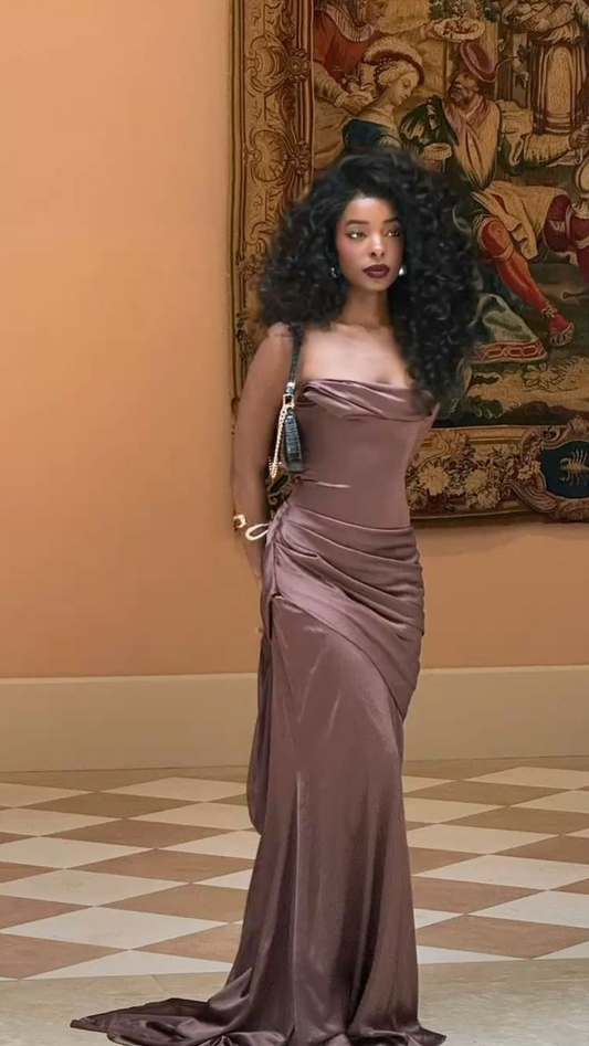 Vintage Brown Strapless Satin Pleated Mermaid Evening Dress Formal Long Wedding Guest Dress D1082