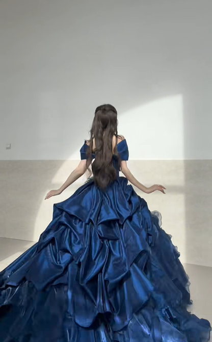 Dark Blue Ball Gown Off the Shoulder Beaded Organza Satin Graduation Ball Gown 18th Birthday Dress SH4986