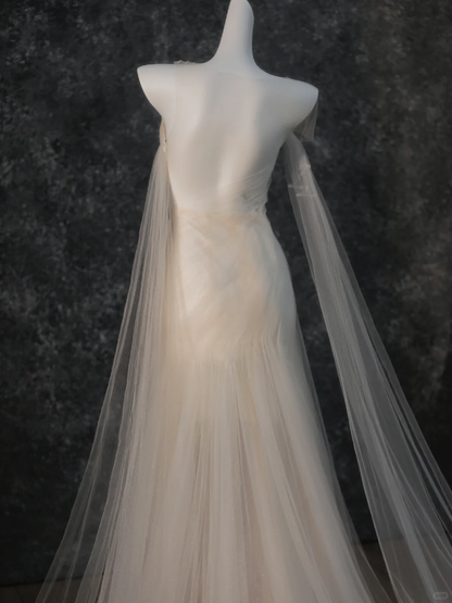 Dreamy Flowy Pleated Dark Ivory Tulle Long Date Dress Evening Dress Prom Dress SH3444