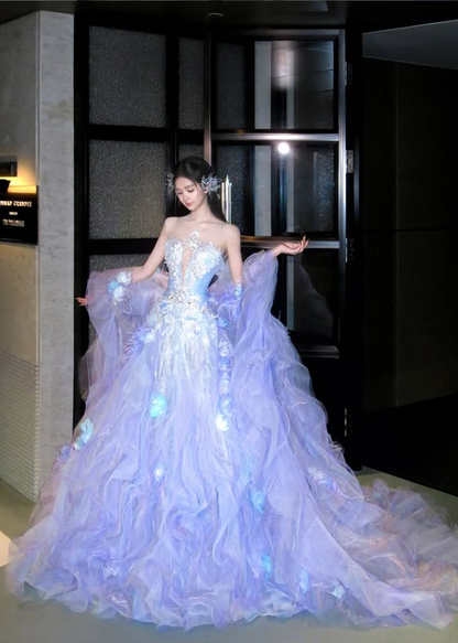 Dreamy Purple Ball Gown V Neck Exquisite Beaded Organza Long Prom Dress SH5032